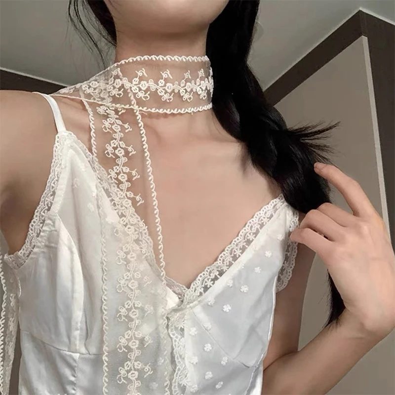 Korean Style Y2k Sweet Flower Lace Neck Strap Dressing Decoration Hair Band Neckerchief Transparent Long Ribbon Head Scarf