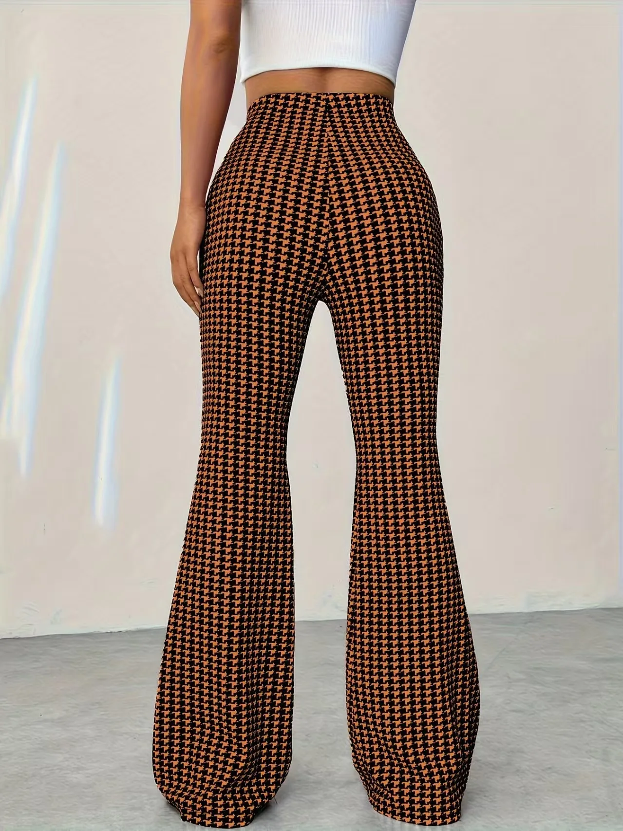 Elastic high waisted herringbone printed flared pants, fashionable casual pants, comfortable micro flared pants 3 Elastic high waisted herringbone printed flared pants, fashionable casual pants, comfortable micro flared pants 3