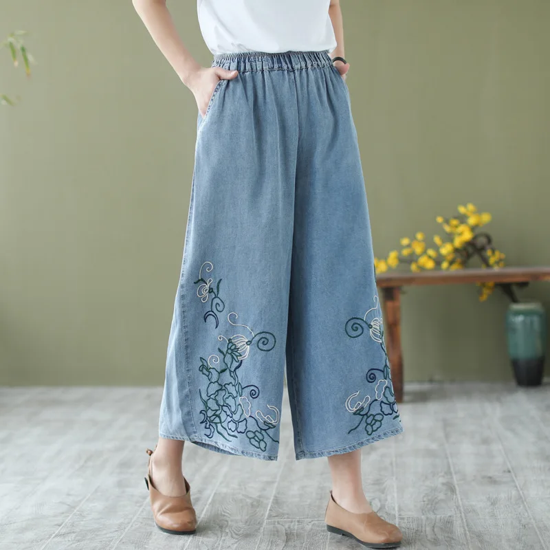 Neue 2025, Sommer-Baumwoll-Denim-Hose, Damen-Jeans mit elastischer Taille, Stickerei, Mori Girl Retro Pendeln, lässige Jeans mit weitem Bein, B56689CC