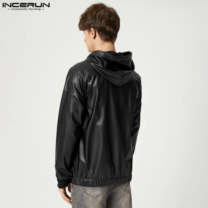 INCERUN Men Sweatshirts Solid Color PU Leather Hooded Long Sleeve Fashion Casual Hoodies Streetwear 2023 Punk Men Pullover S-5XL