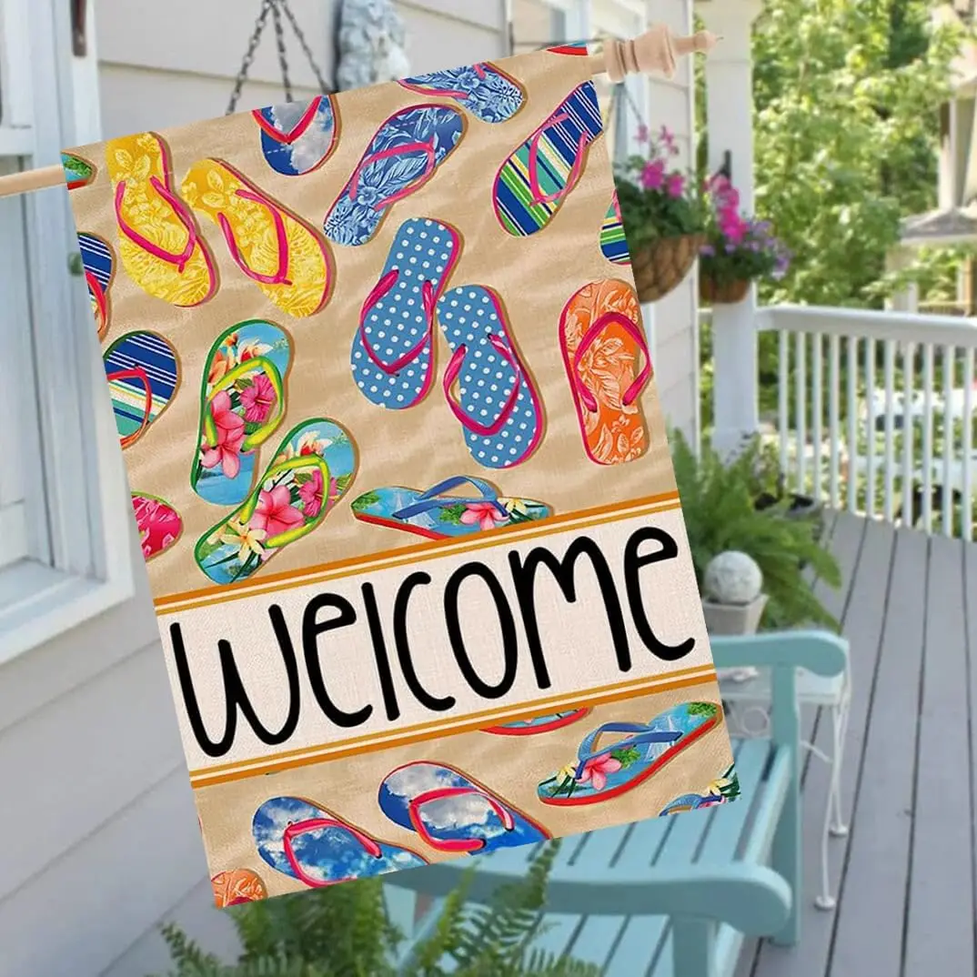 Welcome Summer Flip Flop Beach House Flag 28 x 40 Inch Decorative Double Sided Burlap Flag For Yard Outdoor Seasonal Holiday yyi