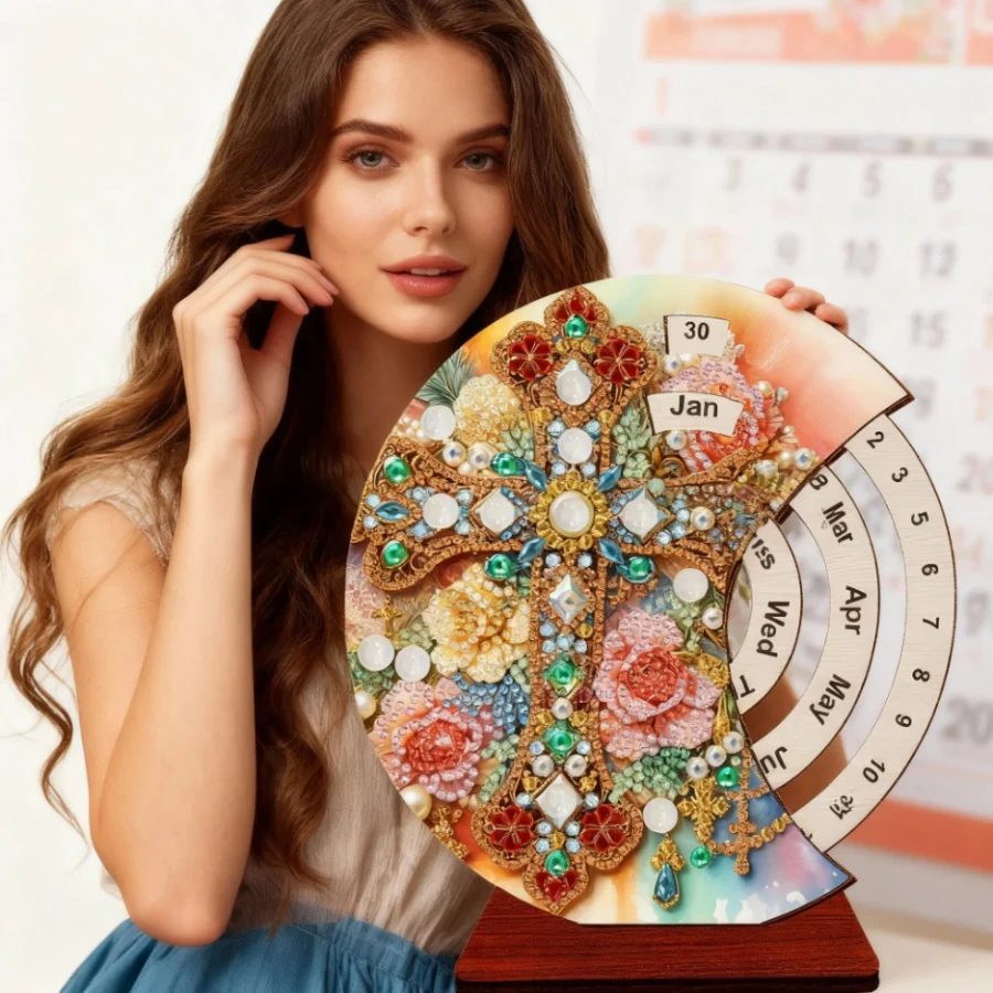 

2026 New style crucifix Diamond Painting Perpetual Calendar Wooden Art Desk Calendar, 5D DIY Embroidery Christmas Gift for Home