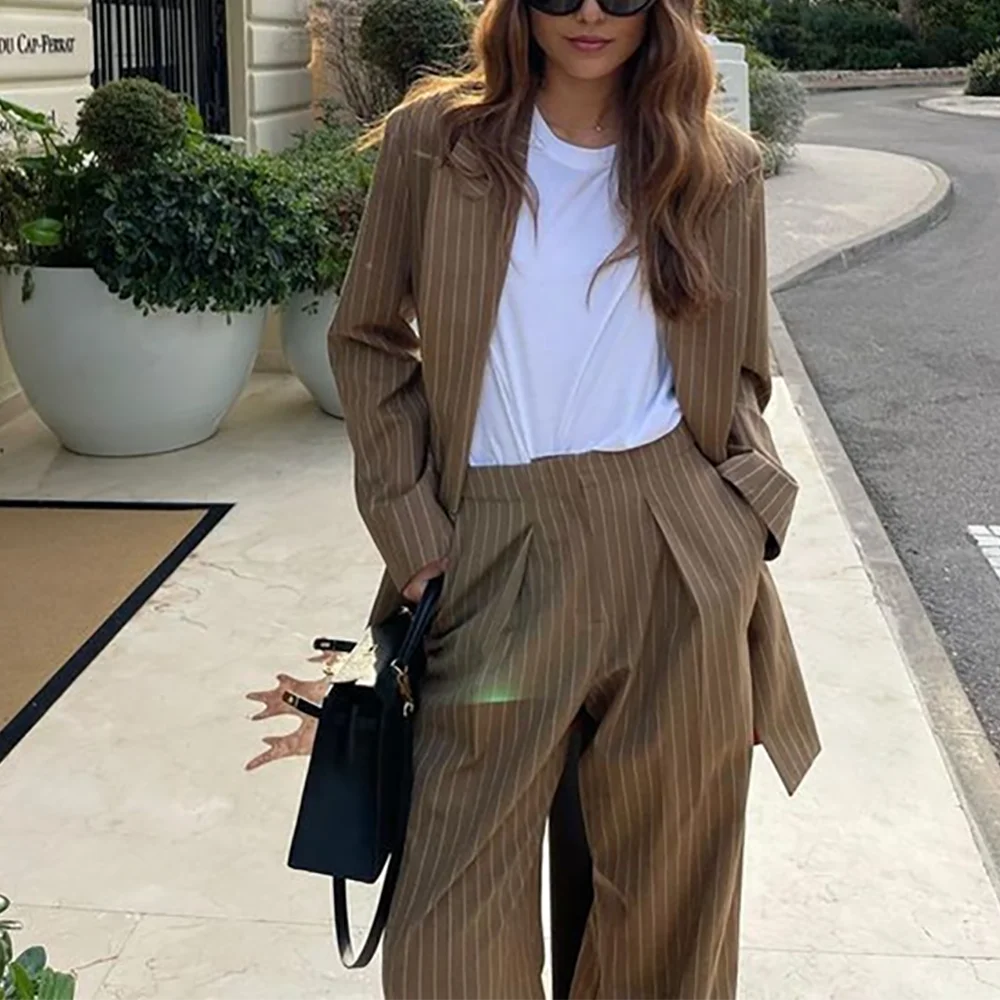 

Женский костюм с остроконечными лацканами, новый дизайн, классический полосатый прямой повседневный наряд, комплект из двух предметов (куртка + брюки), женский индивидуальный комплект