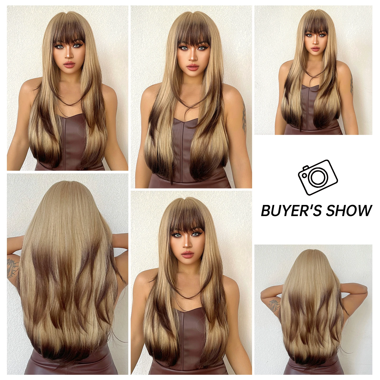 Long Straight Ombre Blonde to Brown Synthetic Layered Wig with Bangs for Women Heat Resistant Cosplay Party Daily Natural Hair