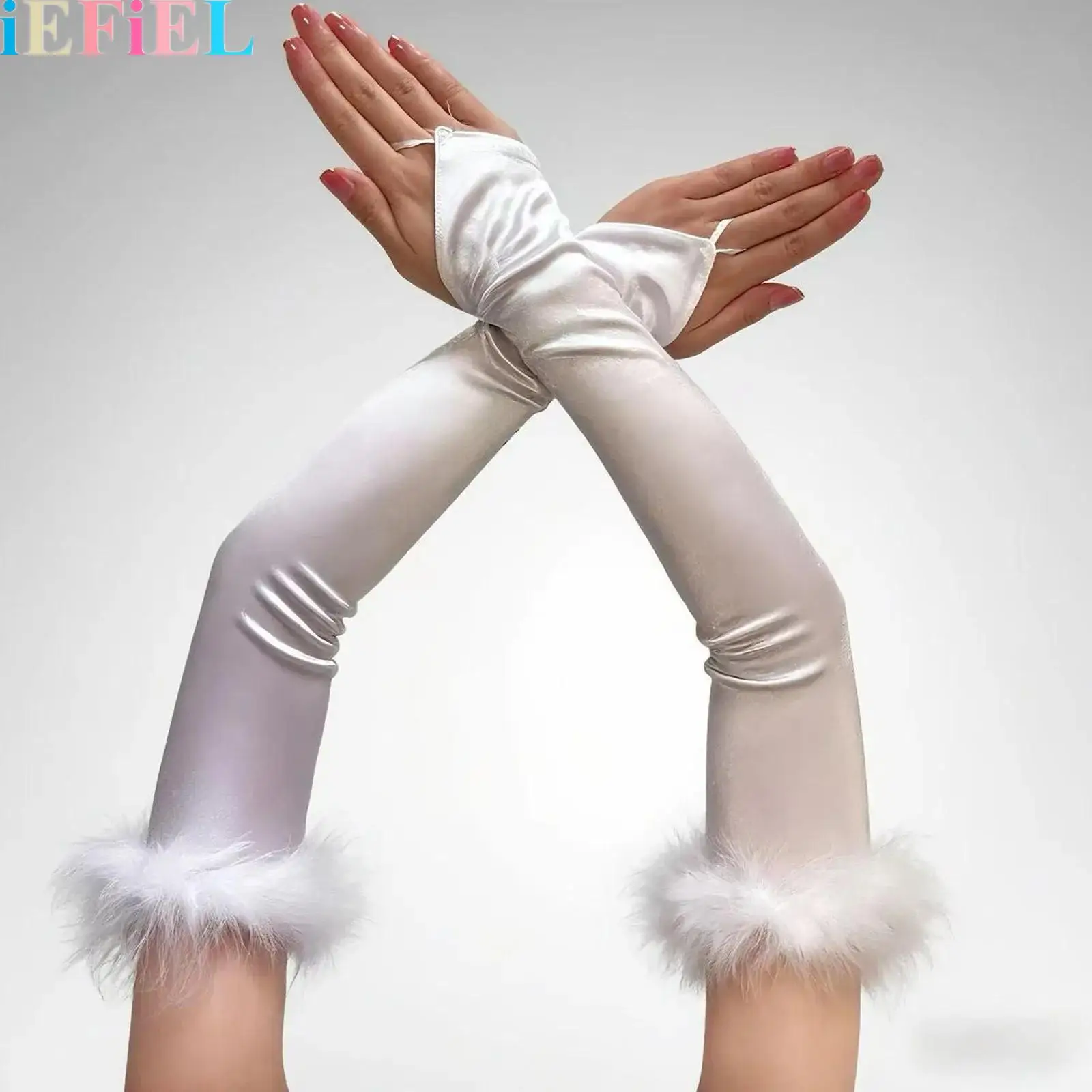 

1 Pair Fingerless Long Gloves Elastic Elbow Length Glove Feathered Opera Stage Gloves Costume for Women