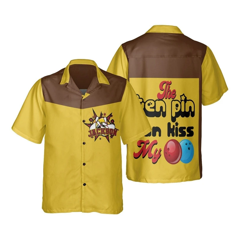 

Vintage Bowling Graphic Shirts For Men Clothes Fashion Sport Short Sleeve Blouses Skittle Ball Lapel Blouse Boy Button Shirt Top