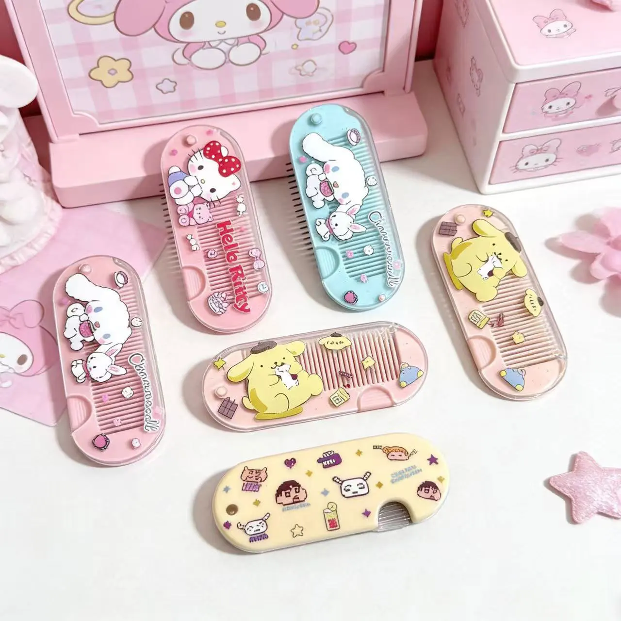 Cute Portable Folding Hair Comb With Mirror Mini Pocket Makeup Mirror Comb Set Travel Girls Hairdressing Tool