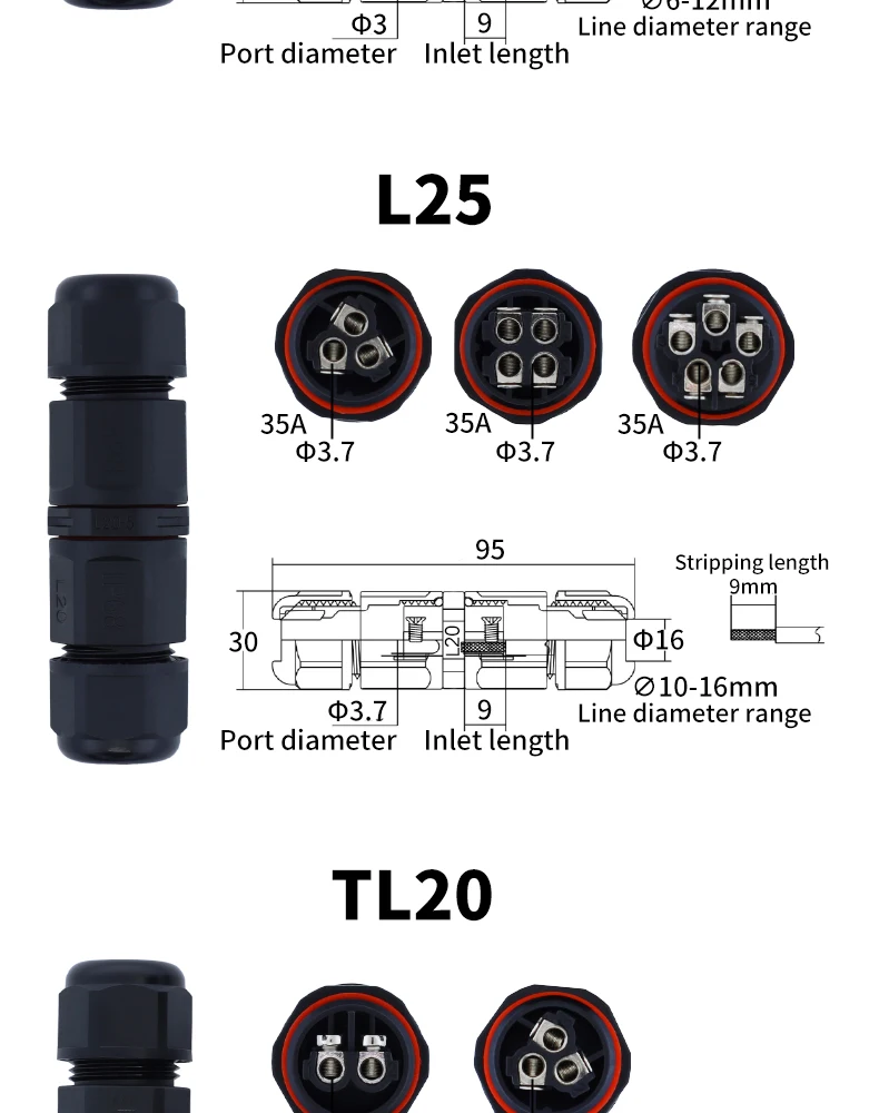 IP68 L12 L16 L20 L25 Waterproof Cable Connector 2/3/4Pin Screw Wiring Terminal Wire Connectors for Electrical Light Junction Box