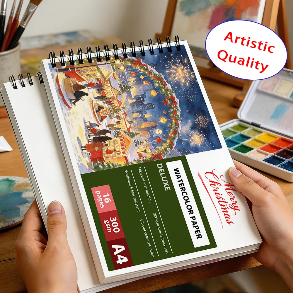 Watercolor Paper Pad, Spiral Art Journal, 300gsm Heavy Weight Paper, 16 Sheets, Christmas Holiday Gift for Watercolor Painting &