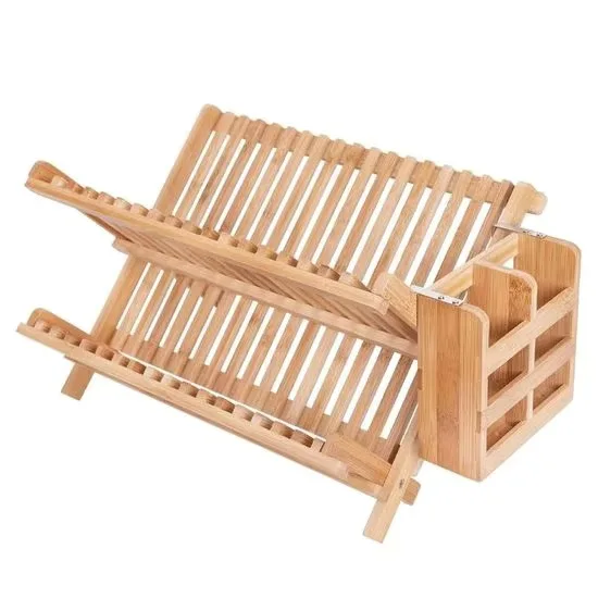 Modern double-layer bamboo vertical folding dish drying rack for kitchen storage and display