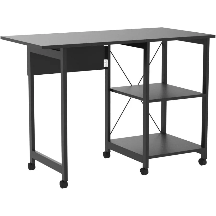 مكتب كمبيوتر قابل للطي بتصميم عصري وأرفف تخزين من طبقتين، محطة عمل محمولة مدمجة للاستخدام المنزلي والمكاتب #5