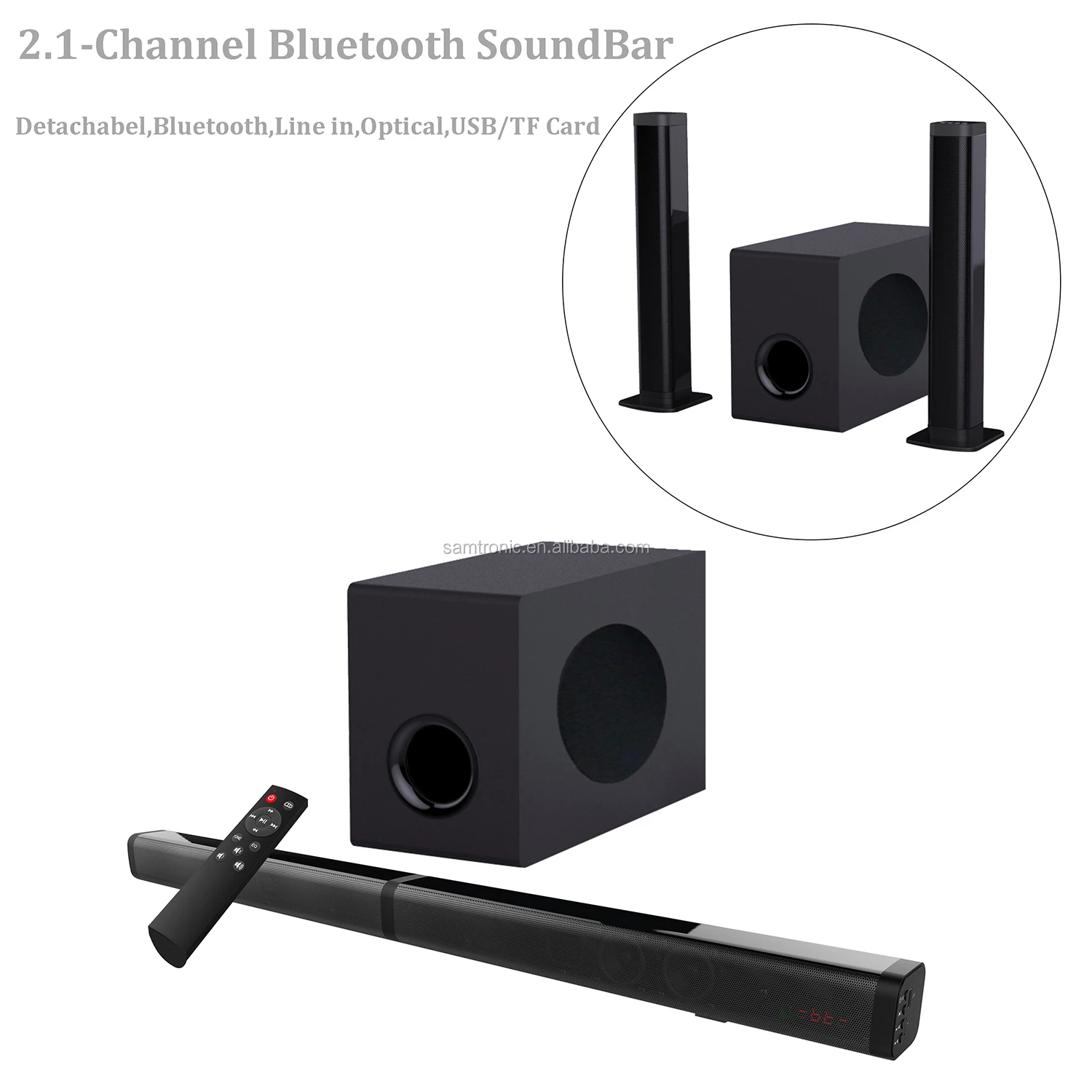 Samtronic-Barra de sonido Bluetooth con Subwoofer, sistema de cine en casa para TV, 2,1 canales, inalámbrica, desmontable