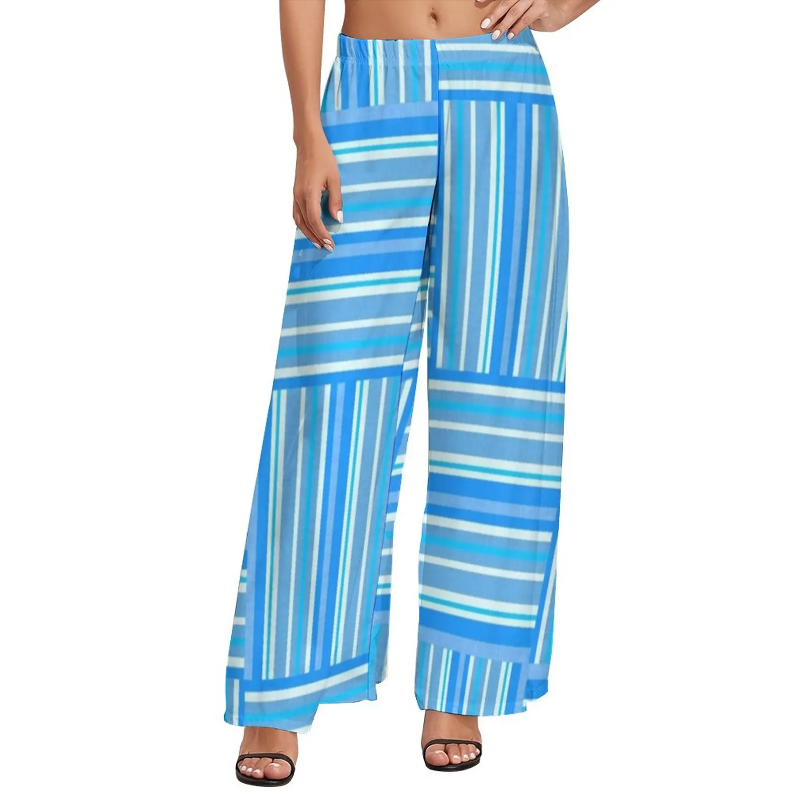 Blue And White Striped Pants Female Colorful Lines Print Streetwear Trousers High Waist Modern Wide Leg Pants Gift Idea