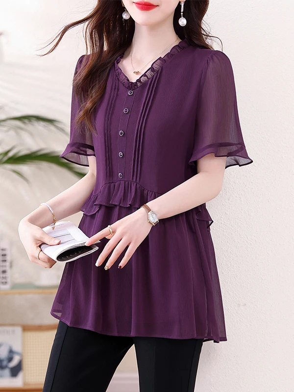 

Summer 2025 plus Size V-Ne Pleated Slimming Cover-Up Chiffon Top Vintage Sle Loose Fit ort Sve Button down Pure Color