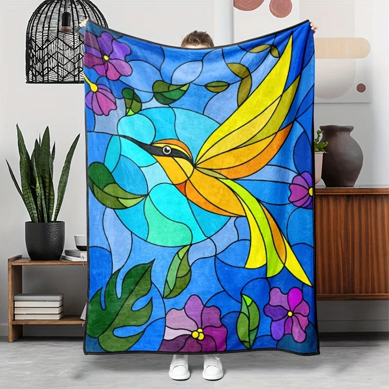 Blue Stained Glass Hummingbird Purple Flower Leaf Print Warm Blanket For Bedroom Sofa Camping Home Leisure Daily Household Use
