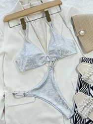 sexy glitter silver sequine metal ring bikinis sets two pieces thong swimsuit swimwear women beach outfits biquini tankini
