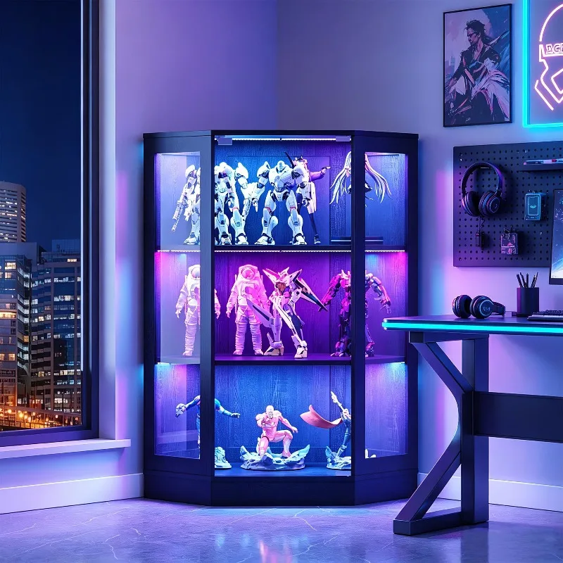 42’’ Corner Glass Display Cabinet with RGB Lights, Curio Cabinet with Glass Doors for Collectibles, 3-Tiers Corner
