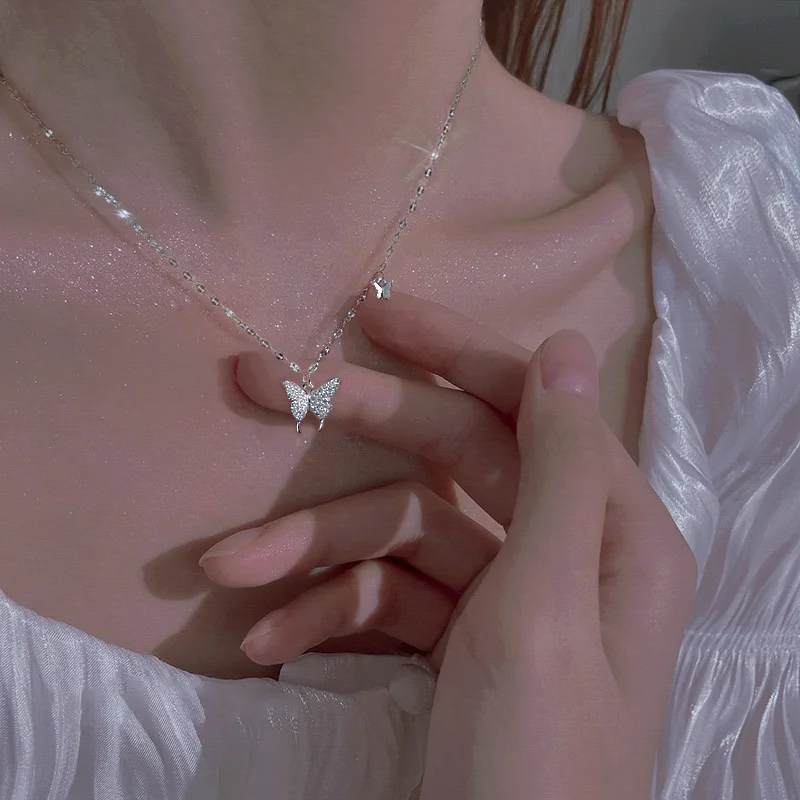 قلادة على شكل فراشة من الفضة الإسترليني S999 للسيدات بتصميم فاخر وخفيف وسلسلة على شكل عظمة الترقوة هدية عيد الحب