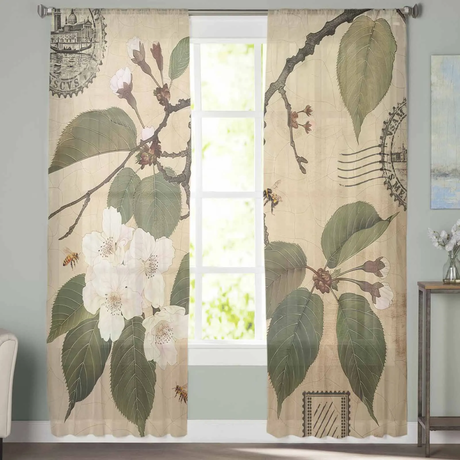 Pear Tree Branches  The Sea Sheer Curtains for Living Room Bedroom Home Hotel Coffee Decor Chiffon Tulle Curtains