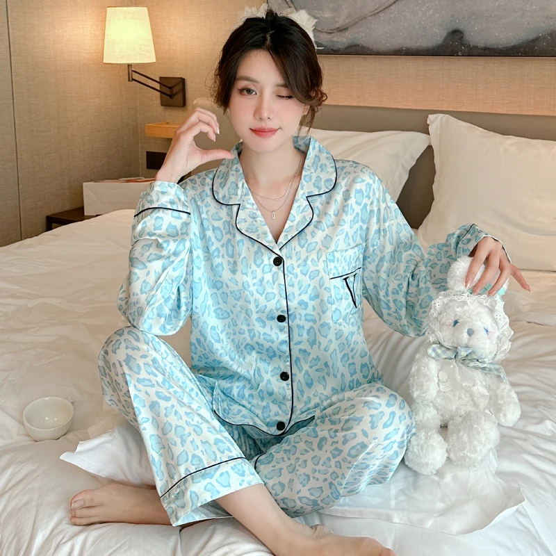 Women\'s Leopard Pajama Set Satin Comfortable Rest Long Sleeve Button Pajama Lounge Pant for Women Sleepwear Home Clothes