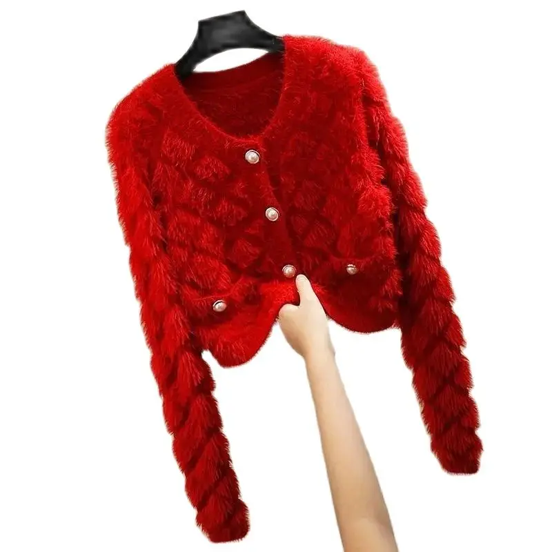 

Thickened Warm Cardigan Warm Bottoming Shirt Soft Waxy Mink Velvet Knitted Coat Women's Autumn And Winter Plush Sweater Coat