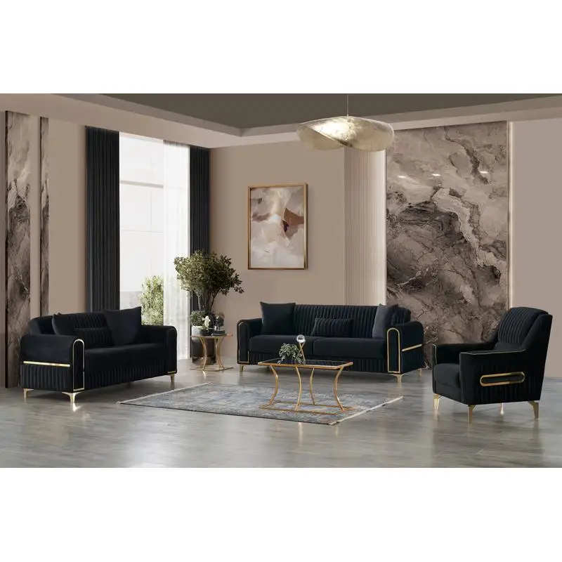 Modern Contemporary Velvet Upholstered 3-Piece Sofa Set with Sleeper Convertible Design Made of Wood and Iron in Black