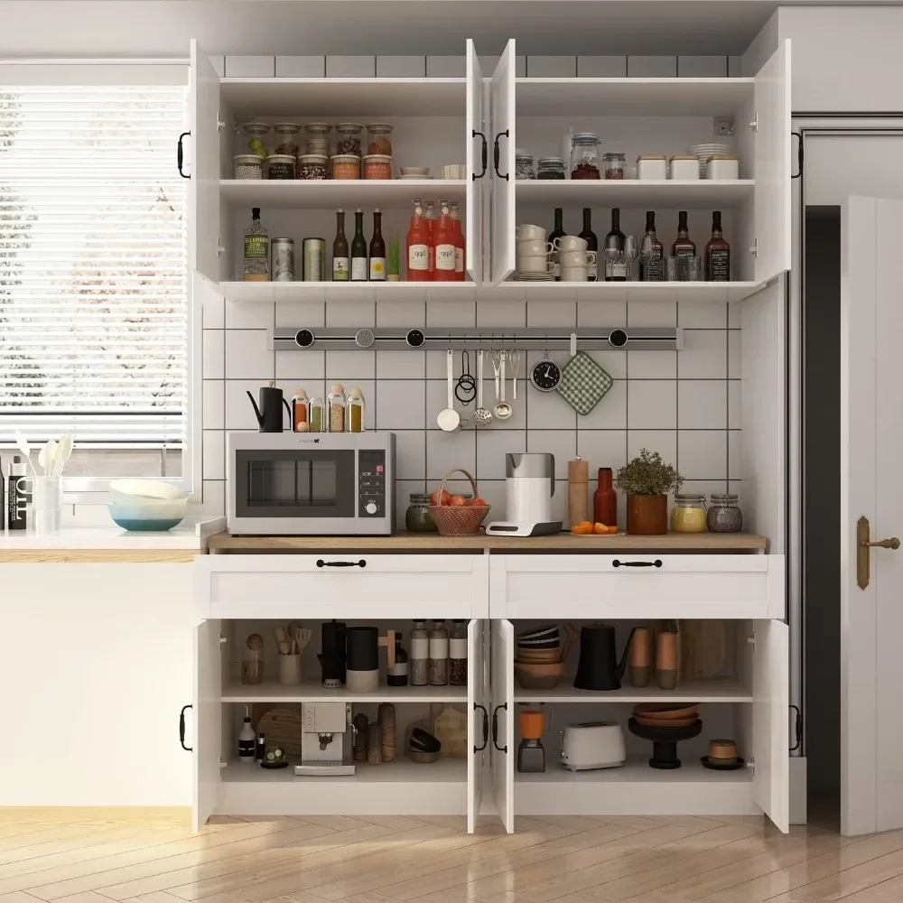 Kitchen cupboard with Wall Mounted Storage Sideboard, Freestanding Wall Storage Cabinet with Shelves, 8 Doors & 2 Drawers