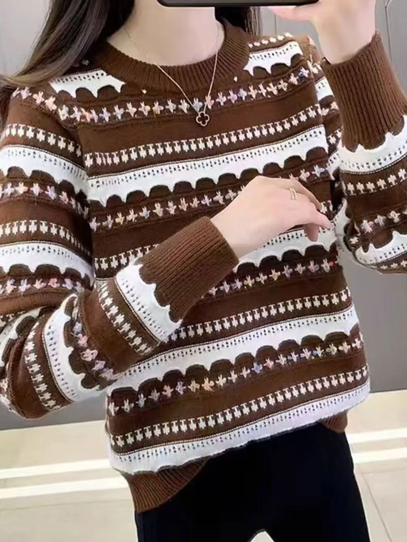 Women's Casual Patchwork Rib Knit Sweater Long Sleeve Crew Neck Fitting Slim Autumn Daily Fashion Top