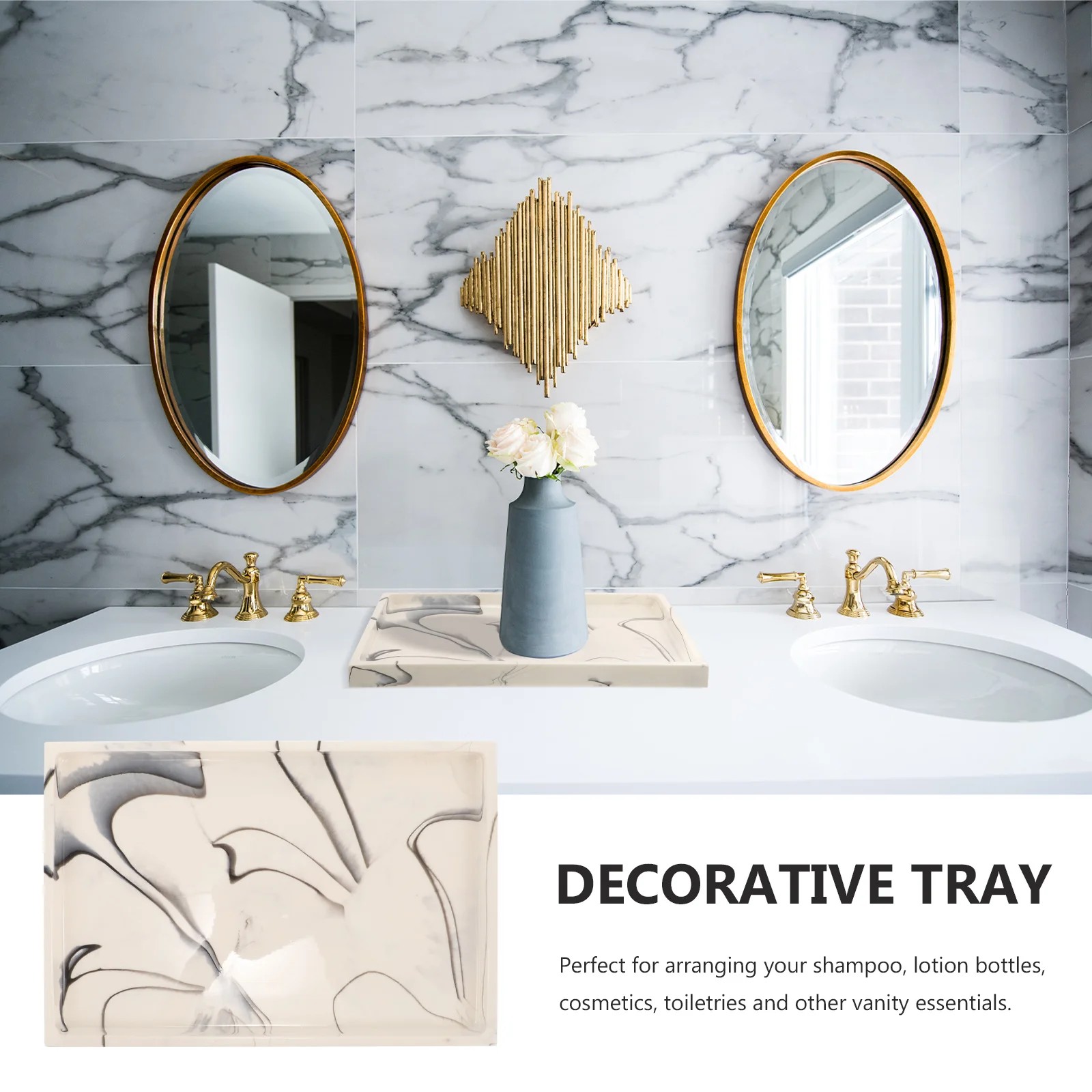 

Marble Effect Resin Bathroom Vanity Organizer Storage Decorative Tray For Bathroom Counter Key Holder Toiletries Soap