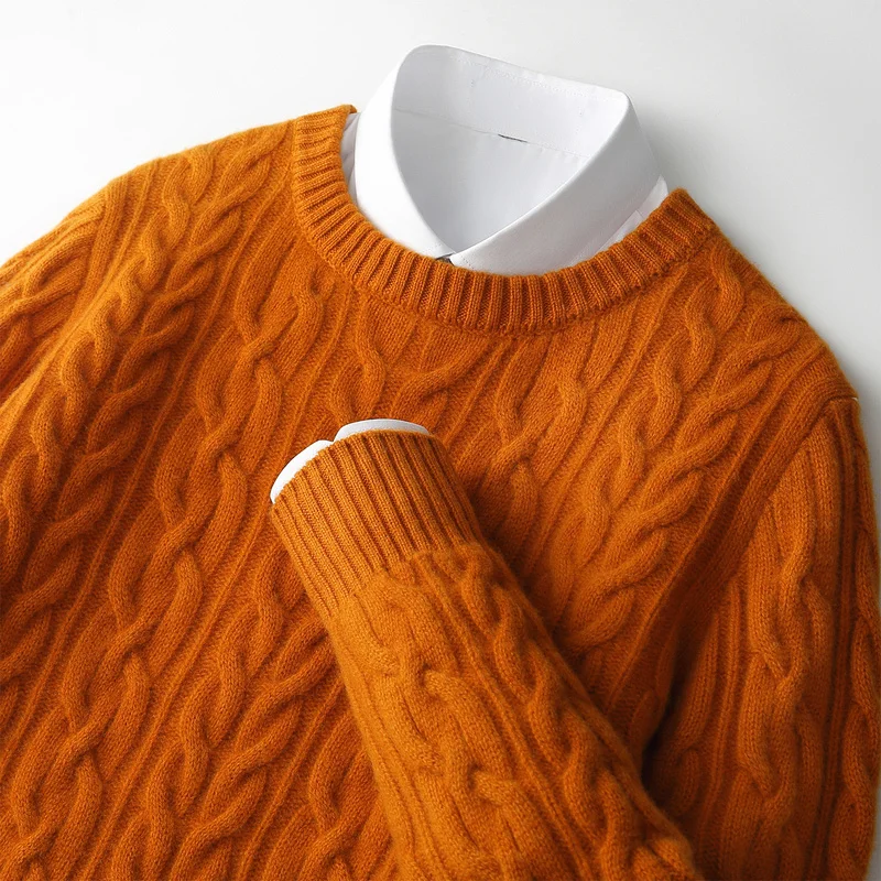 CHICUU 가을 겨울 남성용 두꺼운 O넥 케이블 니트 풀오버 스웨터 100% 메리노 울 니트 점퍼 따뜻하고 편안한 캐시미어 의류