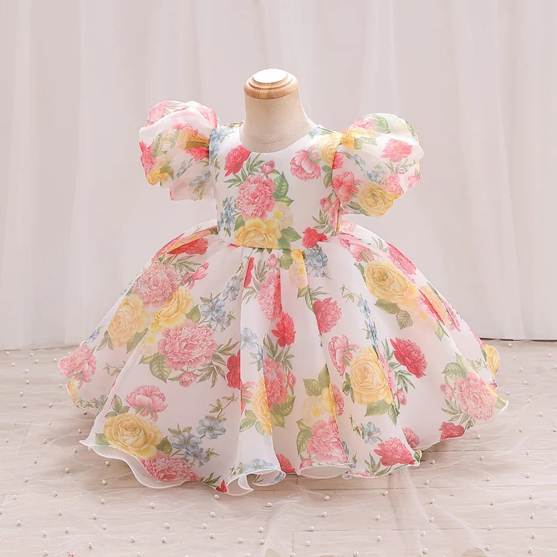 Gaun anak perempuan motif bunga, gaun putri kerah O, motif bunga, lengan gelembung pendek, gaun pesta ulang tahun Kelim Ruffles bulu