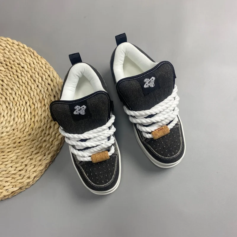 Unisex Black Grey Denim Platform Sneakers Large Size Height Boost Skate Shoes Thick Rope Laces Thick Bottom Streetwear Shoes