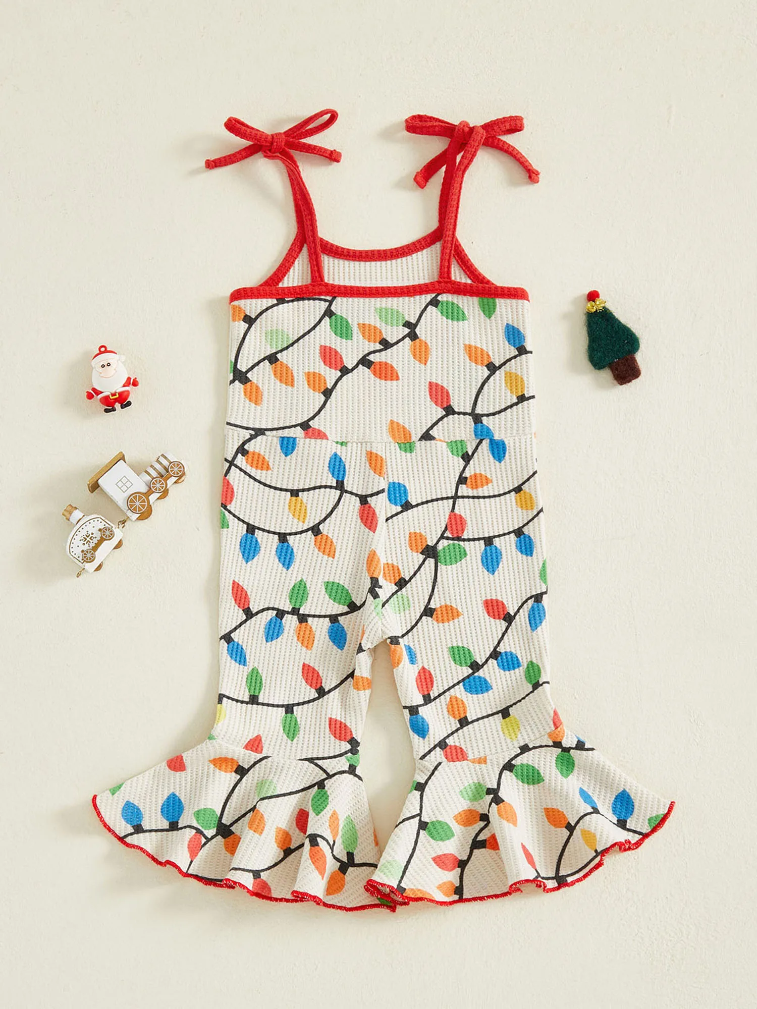 

Girls Christmas Reindeer Print Flare Pants Jumpsuit with Bell Bottoms and Sleeveless Design Festive Holiday Overalls