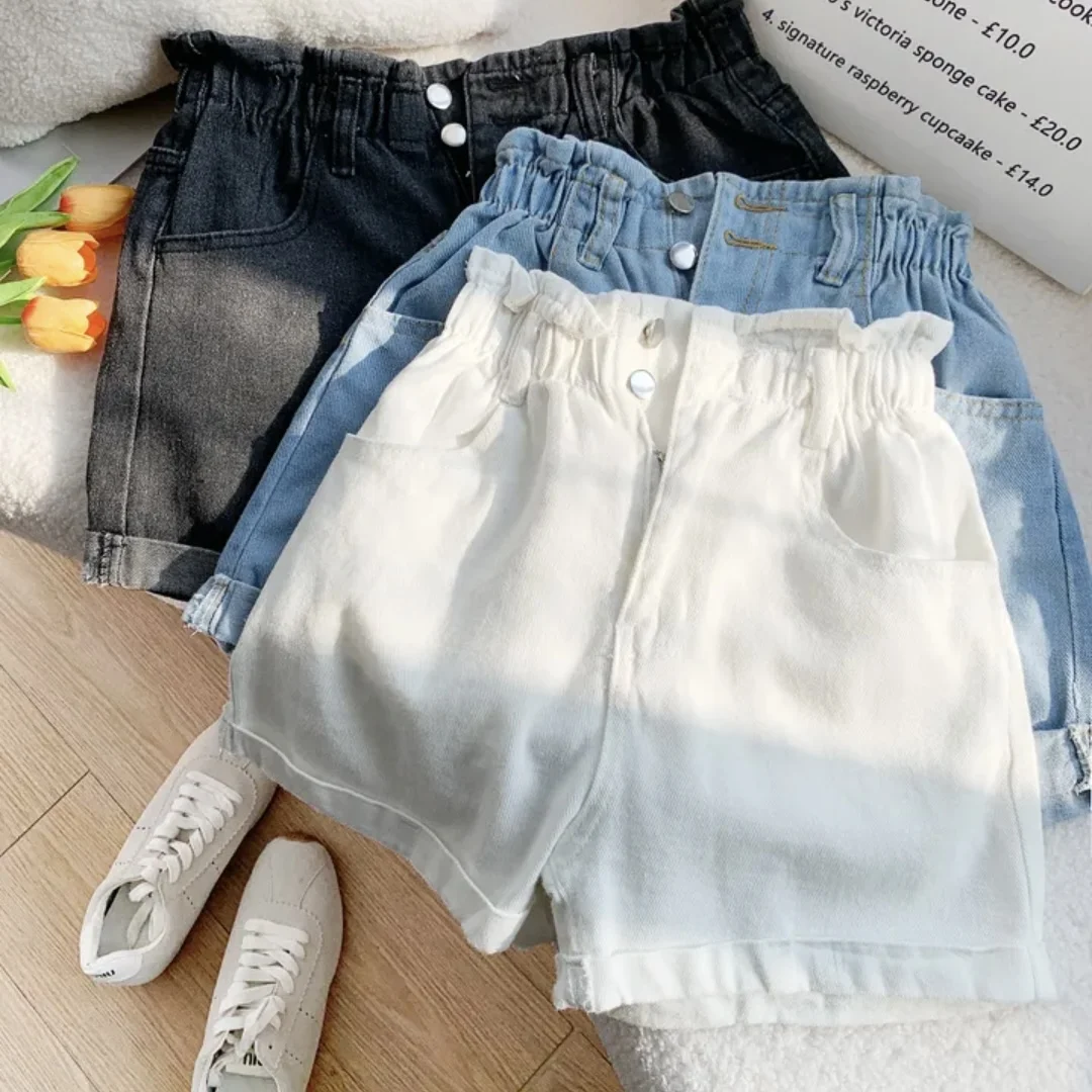 

Retro High Waist Wide Leg Jeans Shorts Button Detail Elastic Waist Versatile Summer Chic Breathable Comfortable Ladies Jeans