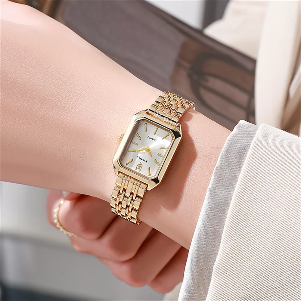 Dameshorloge Luxe Goud Vierkant Eenvoudig Luxe Quartz Horloge Mode Roestvrij Staal Dames Zakelijke Klok Jurk Cadeau Horloges