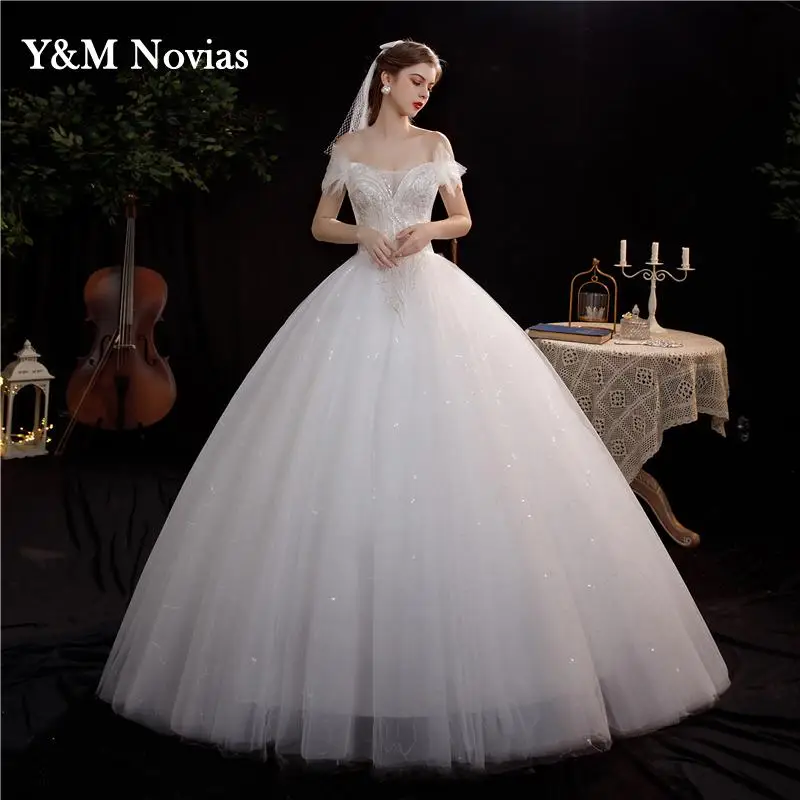 Plus size Korean Style V-Neck Lace Ｏff Shouder Appliques Ball Gown Wedding Dress 2022 New Fashion Simple estidos de noivas