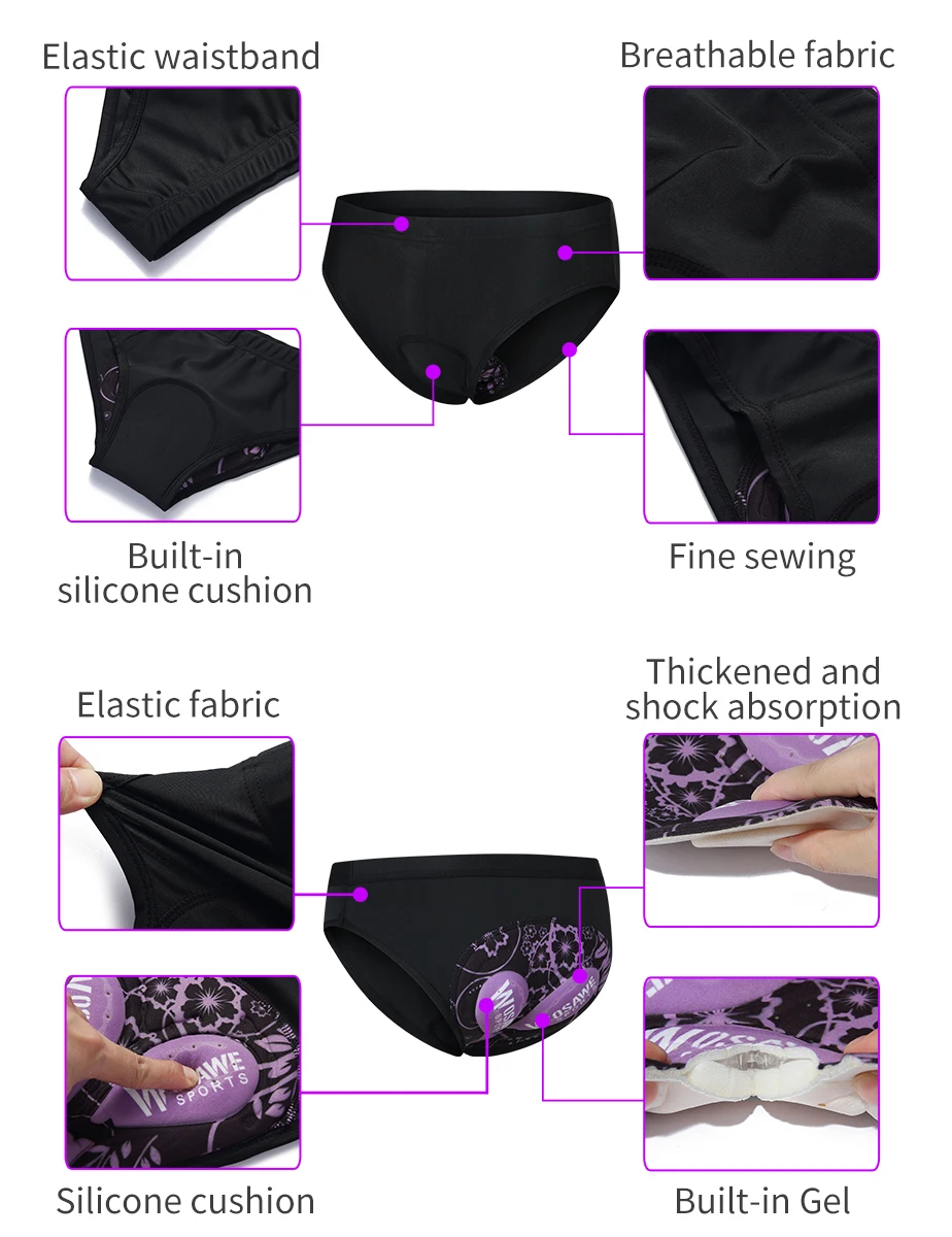 WOSAWE-Shorts de Ciclismo das Mulheres Interior, Mountain Bike, BTT Shorts, Senhoras Equitação, Cuecas de Bicicleta com Diferentes 3D Gel Pad