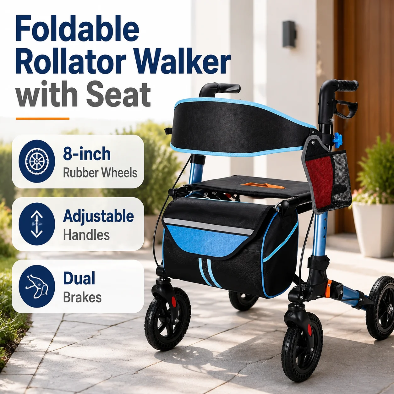Rollator Walker for Seniors, Lightweight Foldable All Terrain Rolling Walker with seat, Aluminum Walkers with 8 inch Rubber Wheels, Handles and Backrest for Seniors and Adult (BLUE)
