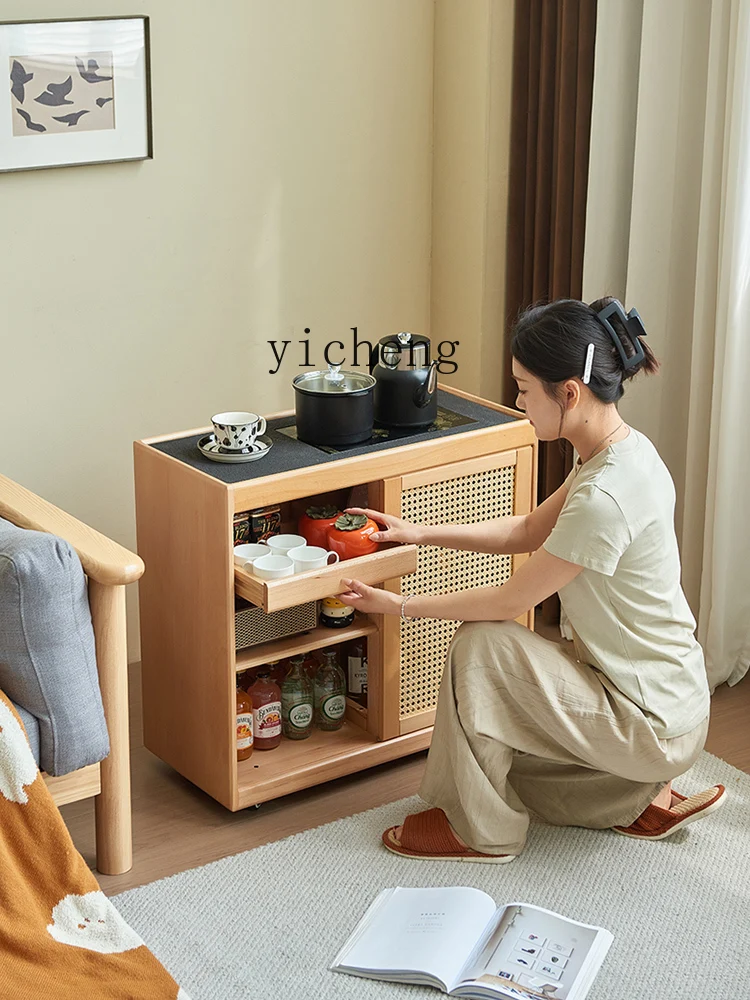 ZF Solid Wood Mobile Tea Cabinet Living Room Sofa Side Cabinet Small Household Water Boiling Kettle Integrated Tea Table