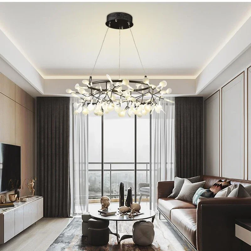 Nordic Chandelier Art Hanging Living Room Chandelier Modern Restaurant Kitchen Firefly Lamp Rose Gold/Black Branch Round Indoor