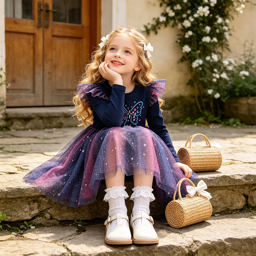 Mädchen Galaxy Stern Schmetterling Druck Langarm Tüll Prinzessinnen-Partykleid Kleinkinder Herbst Frühling Farbverlauf Ombre Marineblau Outfits – Detail 2