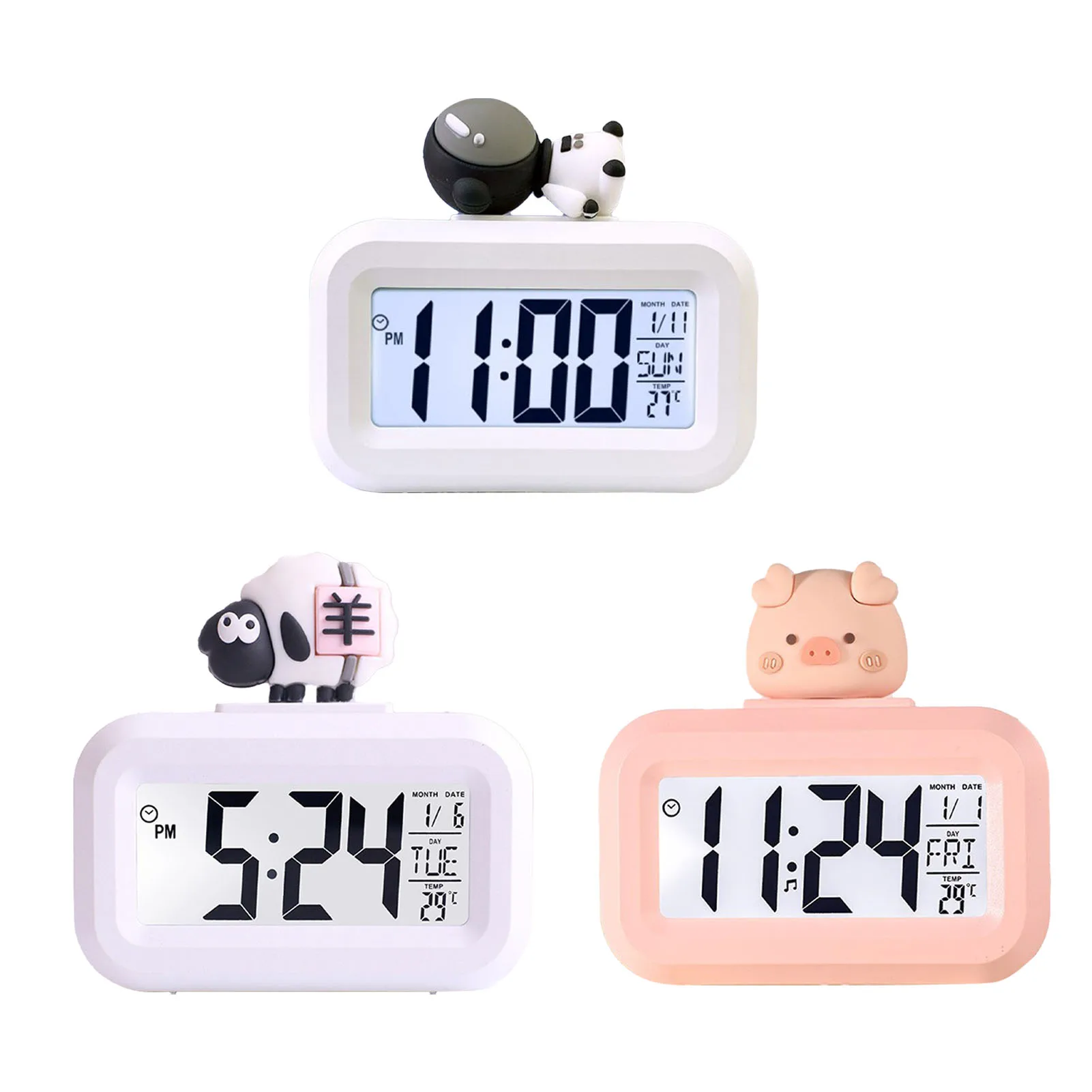 ساعة إلكترونية كرتونية لطيفة مع شاشة ليد ، منبه سطح المكتب ، البيانات ، الوقت ، التقويم ، درجة الحرارة