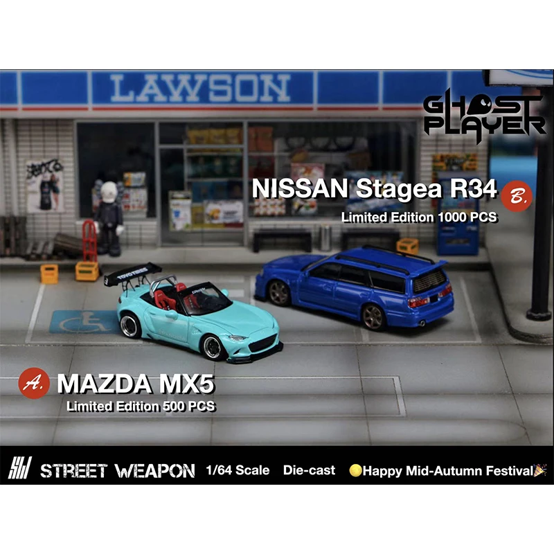 SW In Stock 1:64 Pandem MX5 Roadster Light Blue Alloy Diorama Car Model Collection Miniature Carros Toys Street Weapon