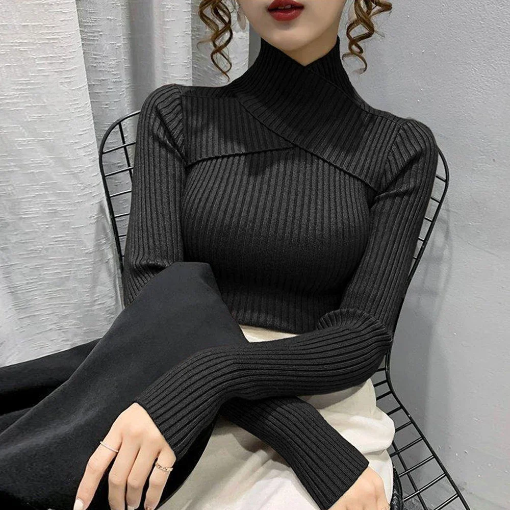 Woman Black White Sweater T Shirt S-XL Long sleeved Blouse Women High Neck Knitted Shirt Womens Blouses Elegant A RAN A YUE