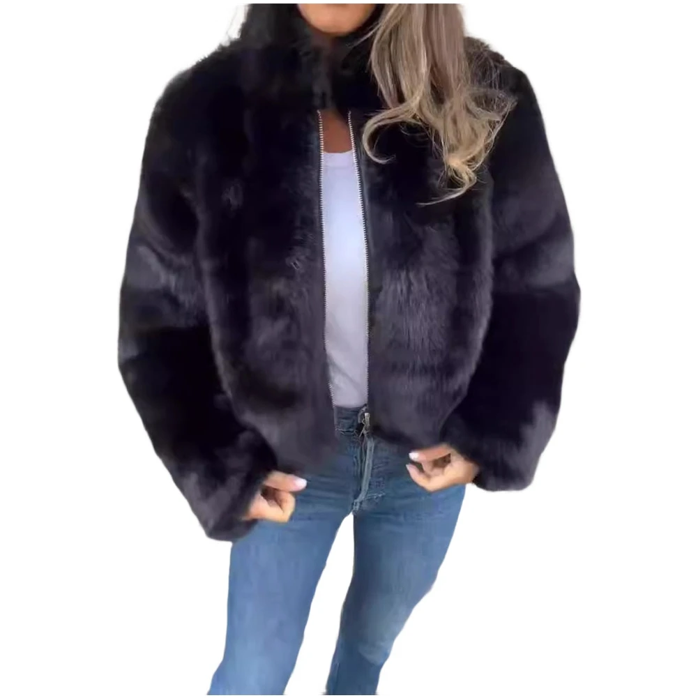 Black Winter Coat High Street Fluffy Jacket Trendy Coat Regular Length Coat Solid Color Design Brand New Condition