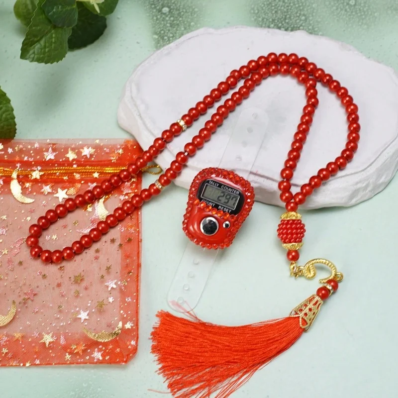 1Pc Tally Counter Set with Prayer Beads Tassel & Drawstring Storage Bag, Digital Counting Kit for Prayer Gift