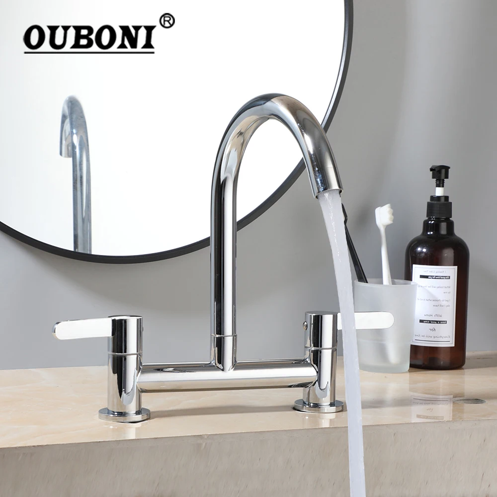 OUBONI Basin Faucet Chrome Finished Vanity Top Sink Faucets Wash Basin Hot Cold Mixer Taps With Dual Holder Dual Hole