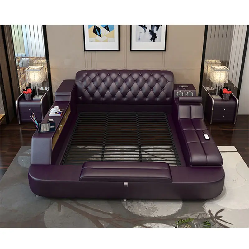 Modern Brown Bedroom Furniture Leather Bed with Speaker USB Charger Massage Sofa Bed Sets Up-holstered Beds