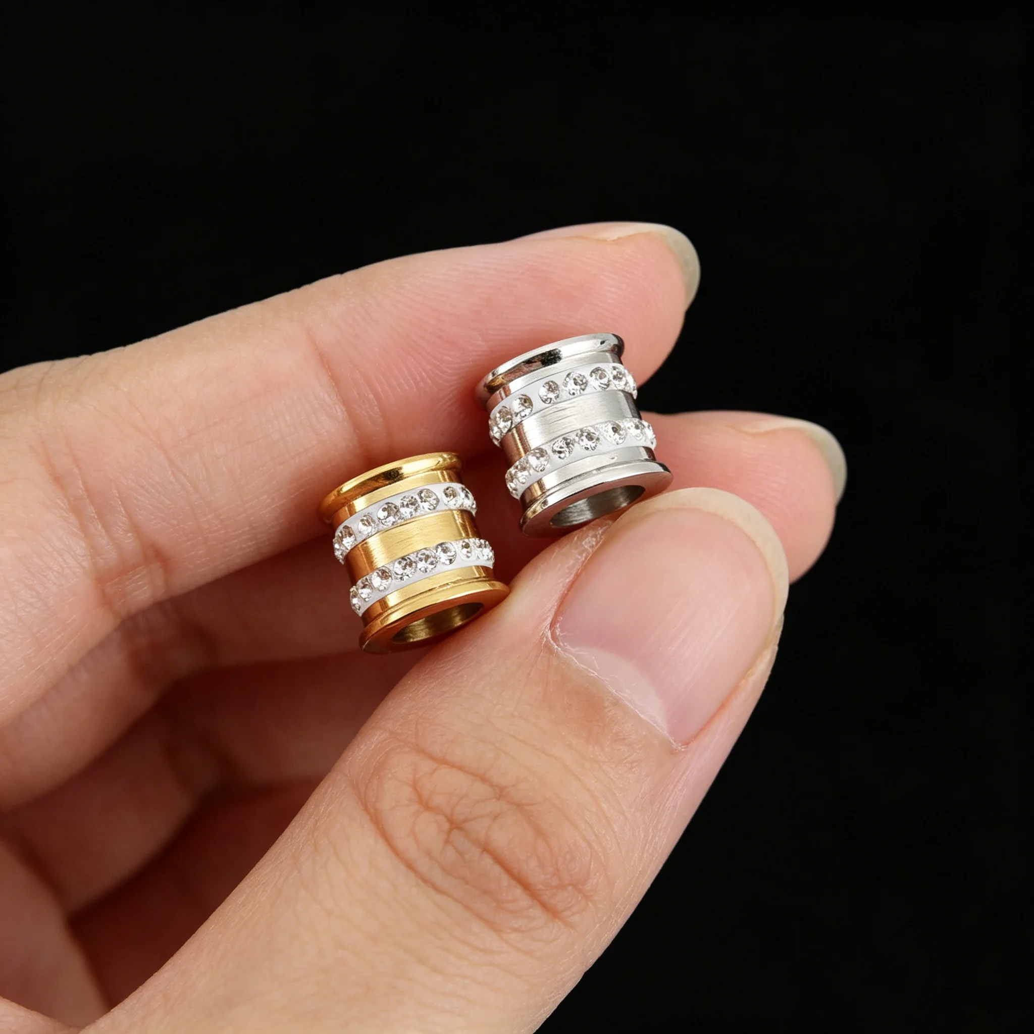 2 Stück Edelstahl-Zirkon-Taillenperlen mit großem Loch, lose Spacer-Perlen für DIY-Armbänder, Halsketten und Schmuckherstellungszubehör – Detail 3