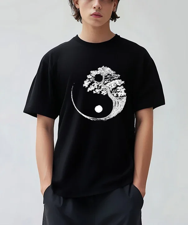 KJKJ 2024 Tree of Life Yin Yang Black T-Shirt Chinese Yin-yang Bagua Tai Chi Clothing Tops Men Clothing Streetwear